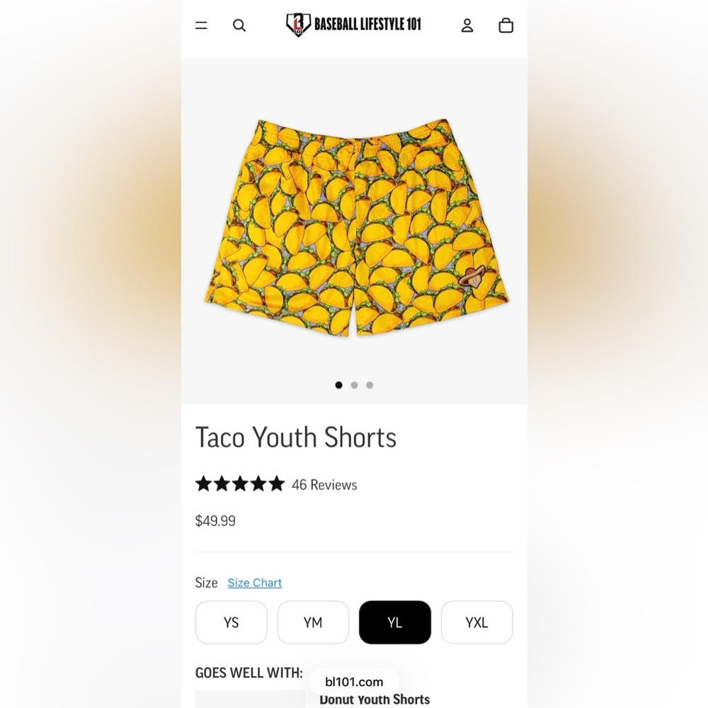 Baseball Lifestyle 101, Yellow Taco Youth Shorts, EUC, youth L